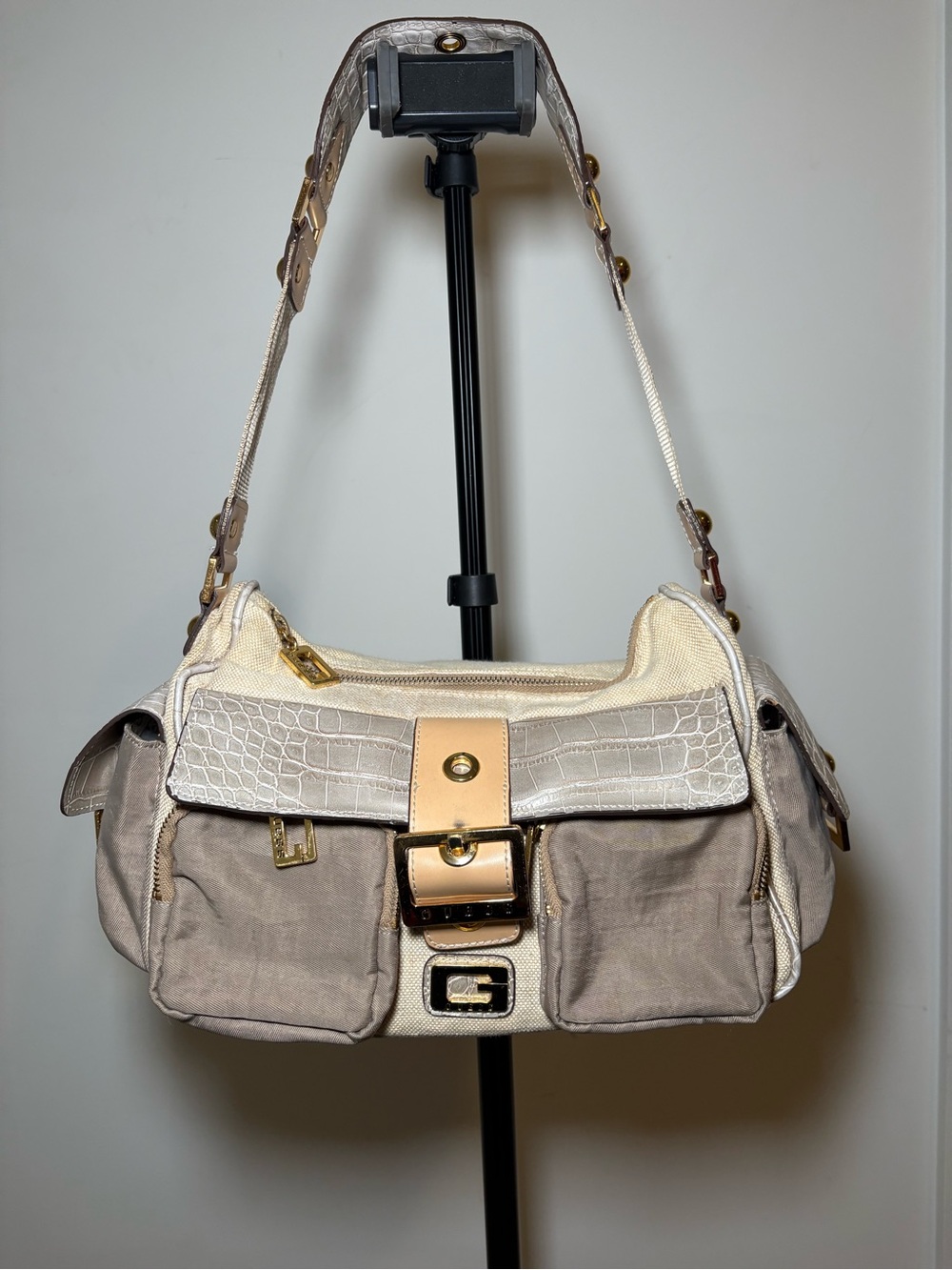 Guess Beige and Cream Shoulder Bag with Gold Hardware